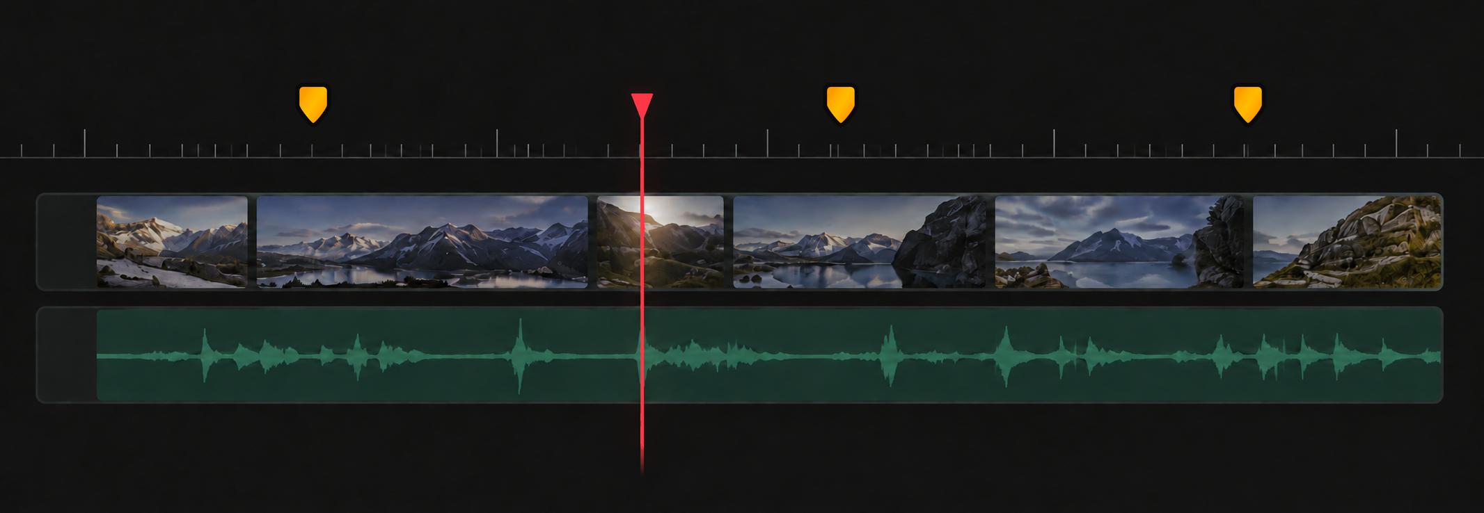 Meta Note logo markers and a red playhead above video and audio tracks.