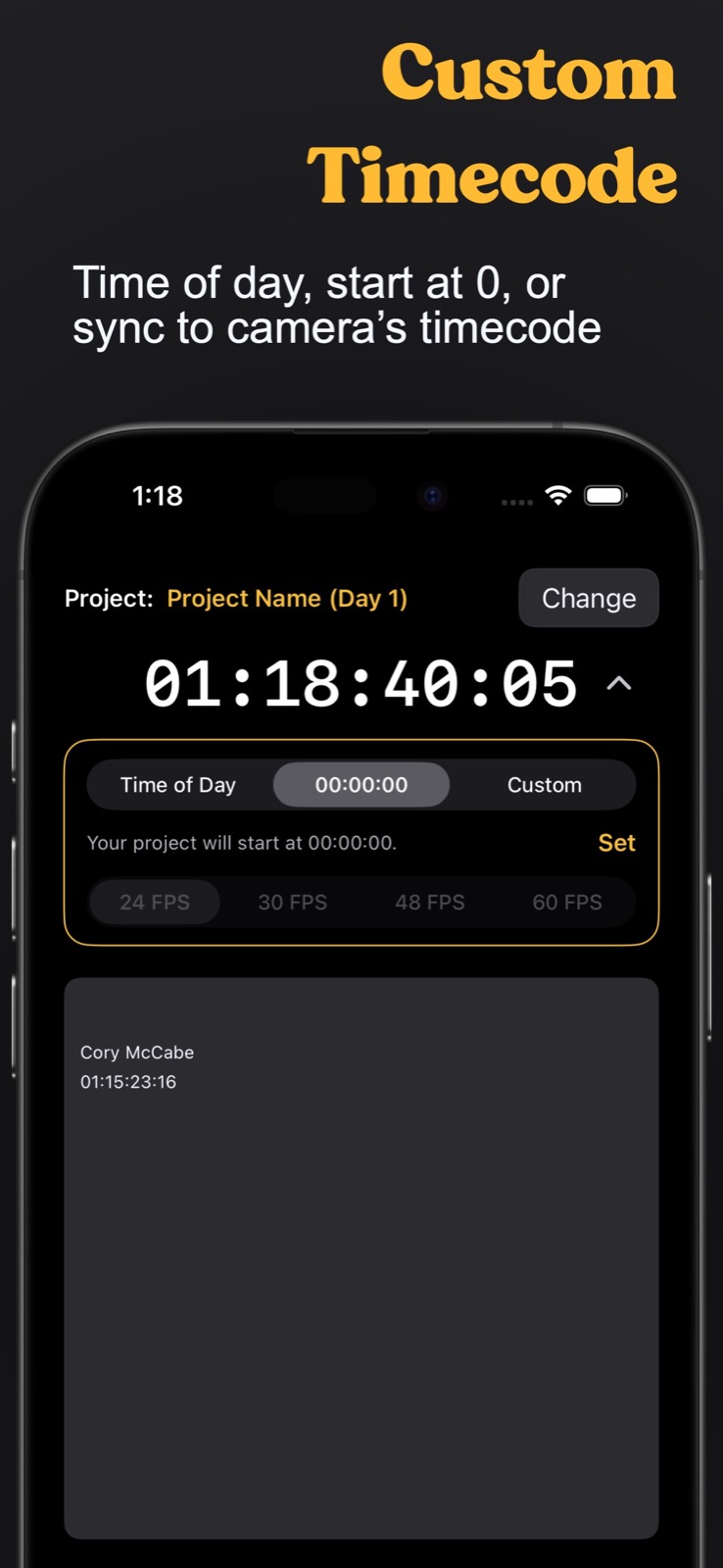 Meta Note timecode controls showing a production project set to 01:18:40:05.